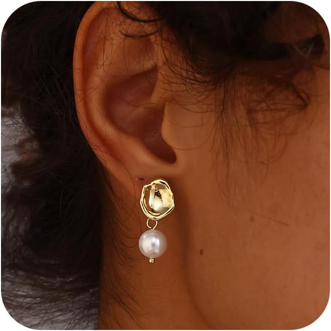 SELSHE Dangle Earrings for Women, 14k Gold Plated Pearl Drop Earring Dainty Gold Earrings for Women Trendy Cute Prom Bridal Earring Long Wedding Pearl Earring Formal Jewelry