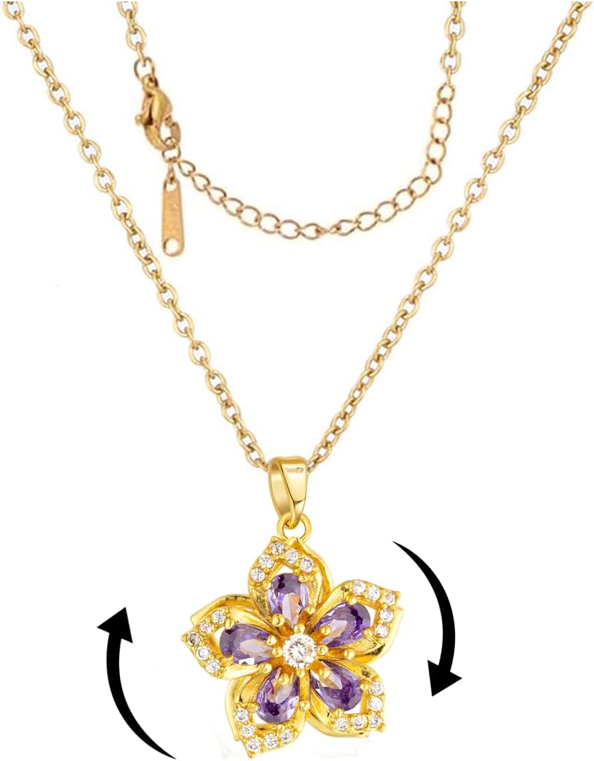 Necklace for Women Gold Flower Fidget Necklace Rotatable Crystal Silver Blossom Pendant Necklaces Adjustable Spinning Fidget Necklaces Redbud Flower Choker Funny Gift Jewelry