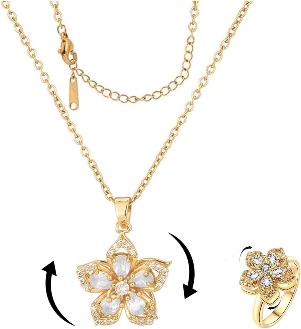 Necklace for Women Gold Flower Fidget Necklace Rotatable Crystal Silver Blossom Pendant Necklaces Adjustable Spinning Fidget Necklaces Redbud Flower Choker Funny Gift Jewelry