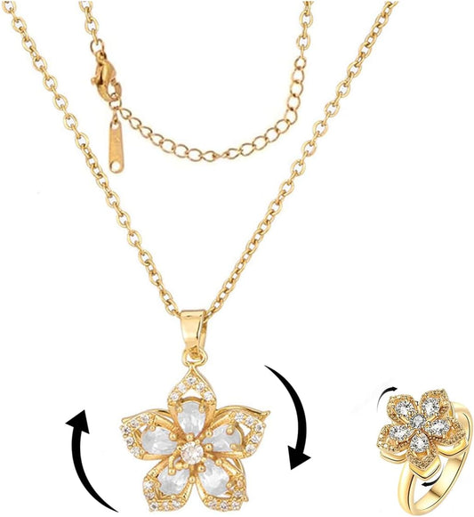 Necklace for Women Gold Flower Fidget Necklace Rotatable Crystal Silver Blossom Pendant Necklaces Adjustable Spinning Fidget Necklaces Redbud Flower Choker Funny Gift Jewelry