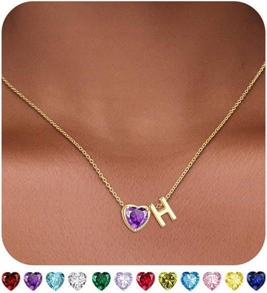 Heart Birthstone Initial Necklace for Women Girls,14K Gold Plated Heart Letter A-Z Necklace Dainty Birthday Trendy Jewelry Gifts for Women Girls Daughter