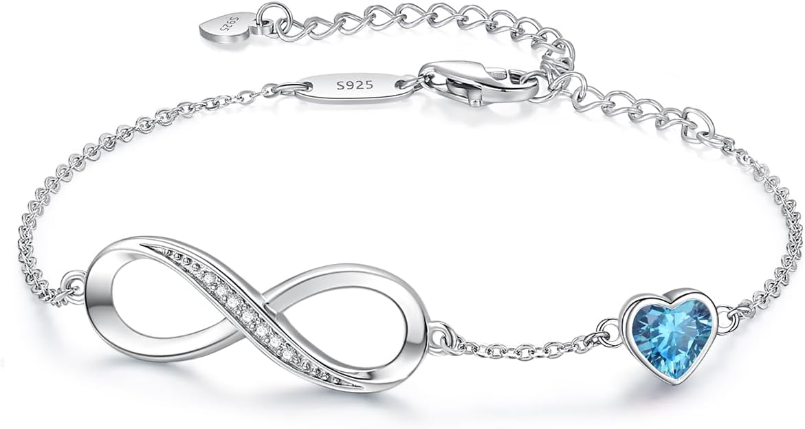 CDE Infinity Heart Birthstone Charm Link Bracelet for Women 925 Sterling Silver Adjustable Mother's Day Christmas Day Gift Anniversary Birthday Jewelry for Wife Girlfriend Her
