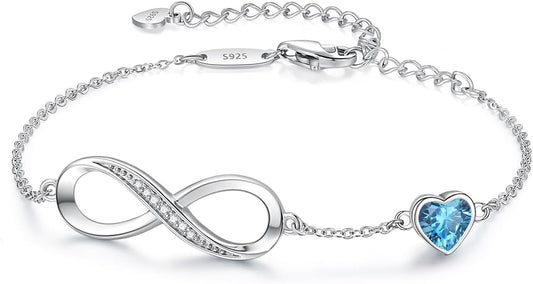 CDE Infinity Heart Birthstone Charm Link Bracelet for Women 925 Sterling Silver Adjustable Mother's Day Christmas Day Gift Anniversary Birthday Jewelry for Wife Girlfriend Her
