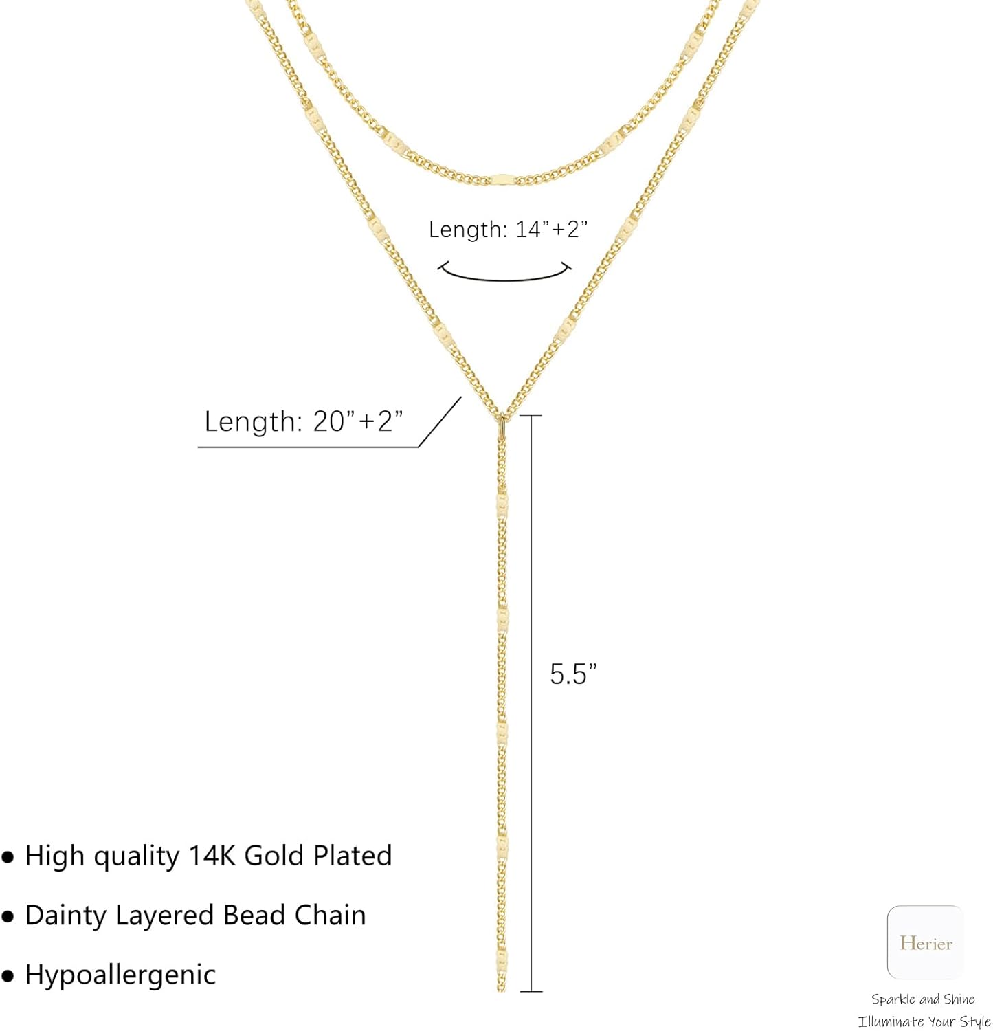 Lariat Gold Necklace for Women, Dainty Long Necklace 14k Gold Plated/Silver Y-Shaped Layered Beaded Chain Drop Necklaces for Women Trendy Simple Gold Jewelry for Women Gifts