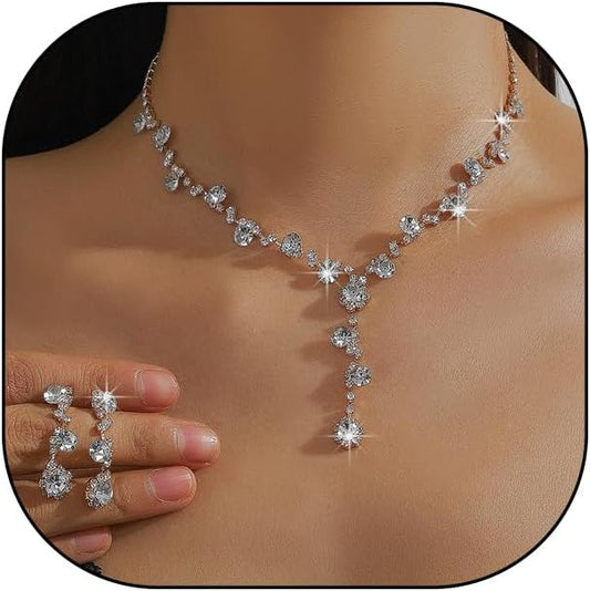 Silver Rhinestone Prom Jewelry Set for Women,Black Glitter Crystal Chain Choker Necklace Cz Drop Earring for Wedding Bridal,Formal Costume Accessories