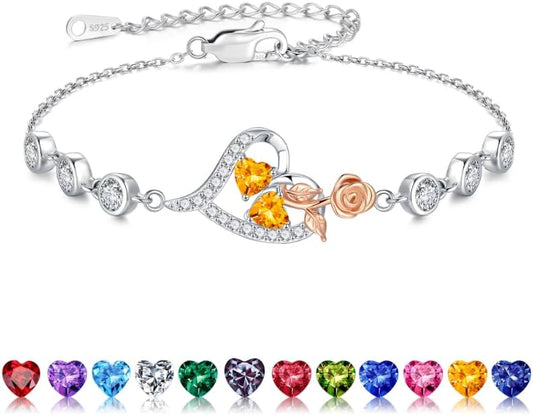 Iefil Christmas Gifts for Women - Birthstone Bracelet for Women, 925 Sterling Silver Rose Heart Charm Bracelets, Anniversary Birthday Gifts for Women Wife Mom Daughter, 6"+2"