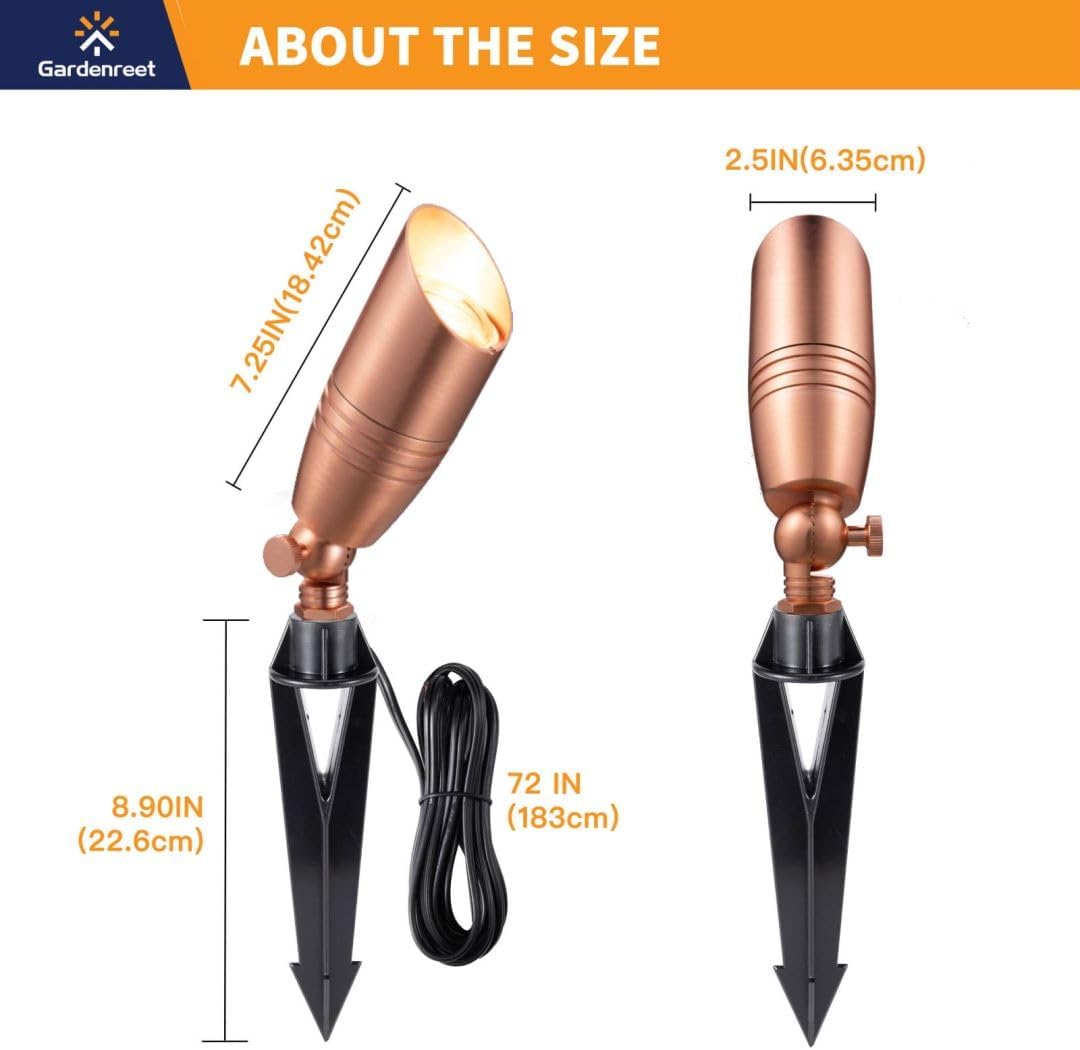 Gardenreet Die-Cast Brass Spot Light Outdoor - 12V LED Uplighting Waterproof, Low Voltage Landscape Lights Direct Wire, Copper for Fence Fountain with Bright White MR16 Replaceable Bulbs (12 Pack)