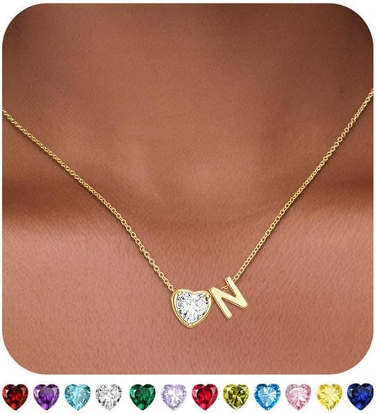 Heart Birthstone Initial Necklace for Women Girls,14K Gold Plated Heart Letter A-Z Necklace Dainty Birthday Trendy Jewelry Gifts for Women Girls Daughter