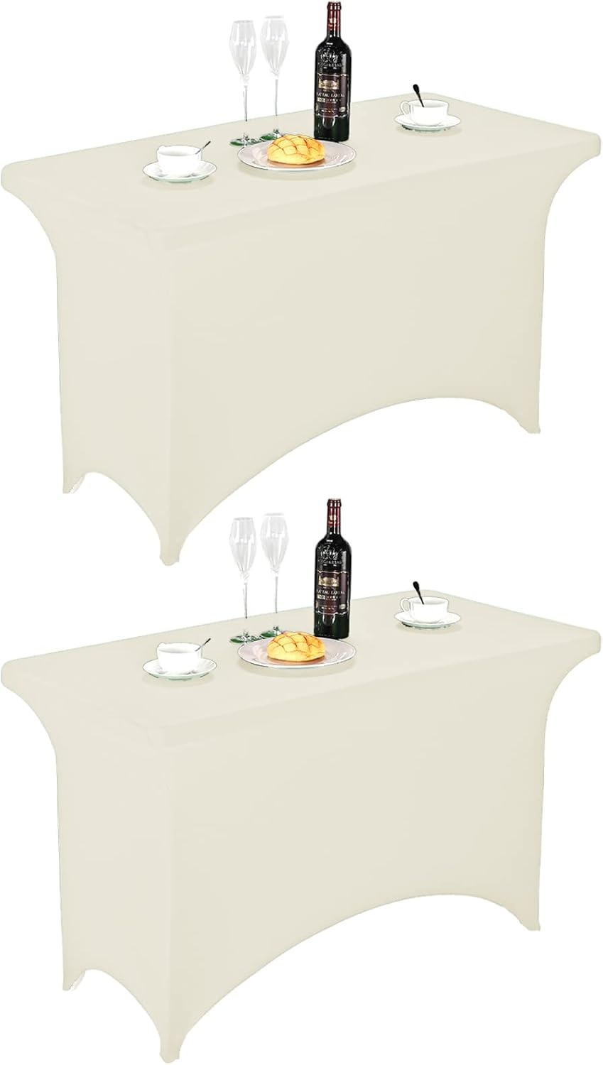 FORLIFE 2Pack Spandex Table Covers，Fitted Tablecloth for Rectangular Tables, Stretch Patio Table Covers, Universal Spandex Table Cover for Wedding, Banquet, Party (4ft, Ivory)
