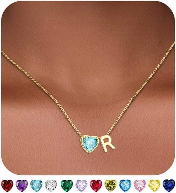 Heart Birthstone Initial Necklace for Women Girls,14K Gold Plated Heart Letter A-Z Necklace Dainty Birthday Trendy Jewelry Gifts for Women Girls Daughter