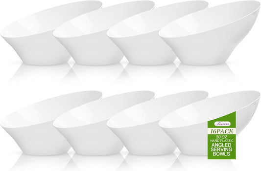 Liacere 16 Pack White Plastic Serving Bowls - 20 OZ Snack Bowl - Disposable Bowl Angled Party Table Salad and Fruit Bowl Small Serving Bowls for Chip&Candy, Ideal for Wedding&Halloween
