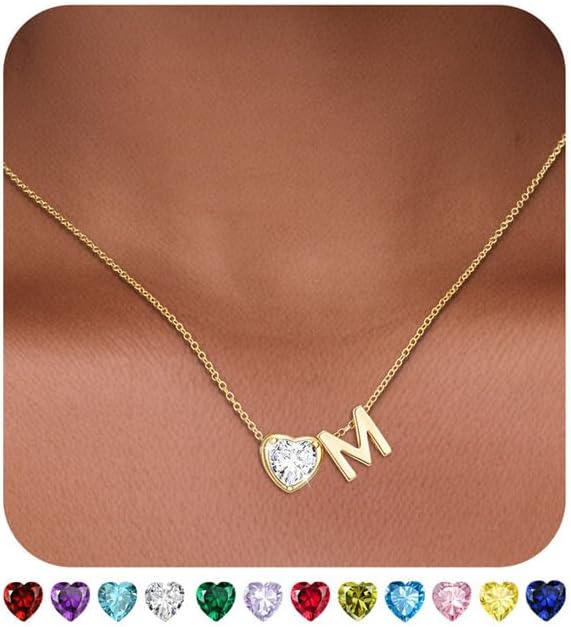 Heart Birthstone Initial Necklace for Women Girls,14K Gold Plated Heart Letter A-Z Necklace Dainty Birthday Trendy Jewelry Gifts for Women Girls Daughter