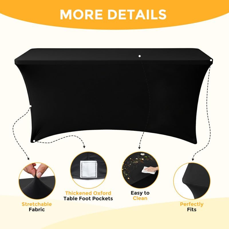 1 Pack 8FT Rectangular Spandex Tablecloth,Wrinkle Resistant Fitted Cover for 96x30 inch Banquet Table Cloth, Washable Stretch Fabric for Party, Events, Wedding, Vendor - Black