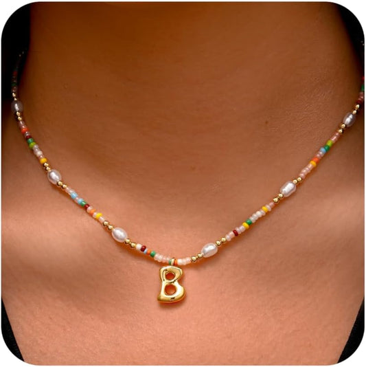 Ritach Initial Necklaces for Women Girls - Christmas Gifts for Grandkids Light Colorful Beaded Pearl Initial Necklace Gold/Silver Bubble Pendant Letter Necklace Stocking Stuffers for Teen Girls Women