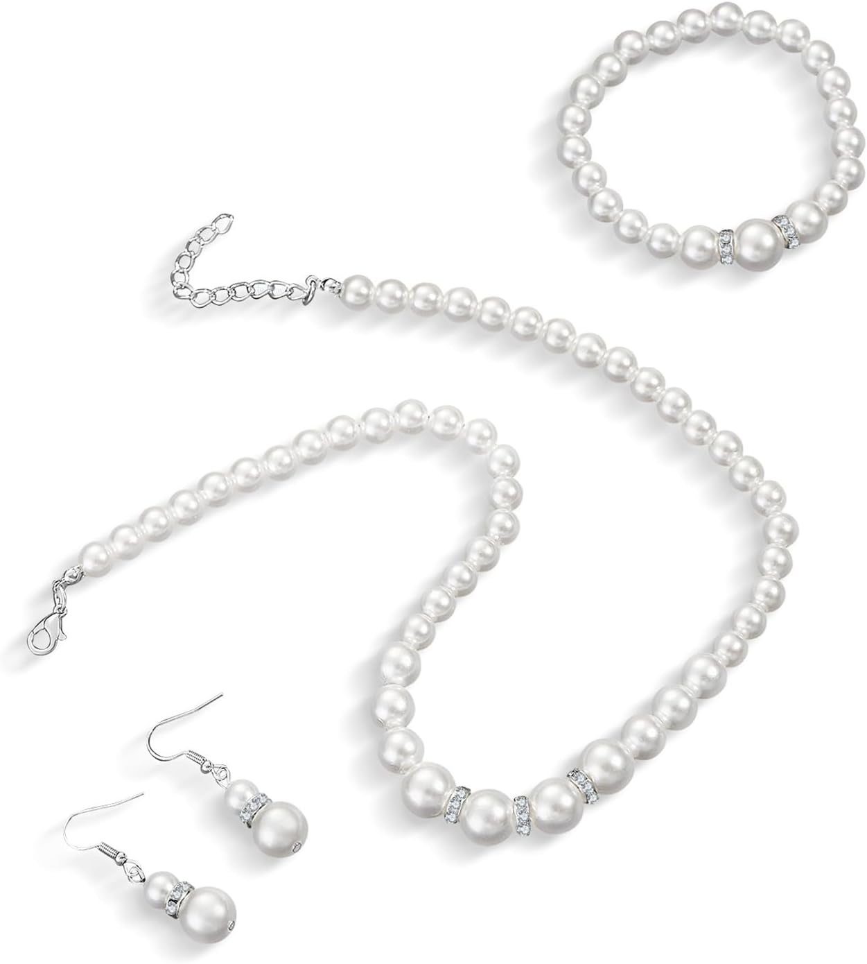 la luen Pearl Bride Wedding Jewelry Set Faux Pearls Crystal Rhinestone Necklace Earrings Bracelet Sets for Women Bridesmaid(3 PCS)