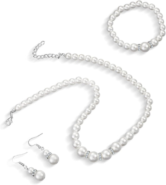 la luen Pearl Bride Wedding Jewelry Set Faux Pearls Crystal Rhinestone Necklace Earrings Bracelet Sets for Women Bridesmaid(3 PCS)
