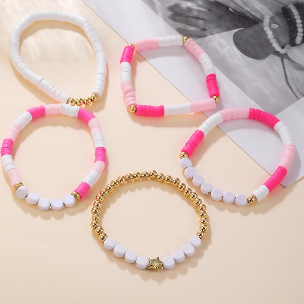 Friendship Bracelets for Women - Heishi Surfer Colorful Smile Evil Eye Clay Beaded Stretch Bracelets Elastic Layering - Stackable Boho Disc Y2K Aesthetic Summer Jewelry Set.
