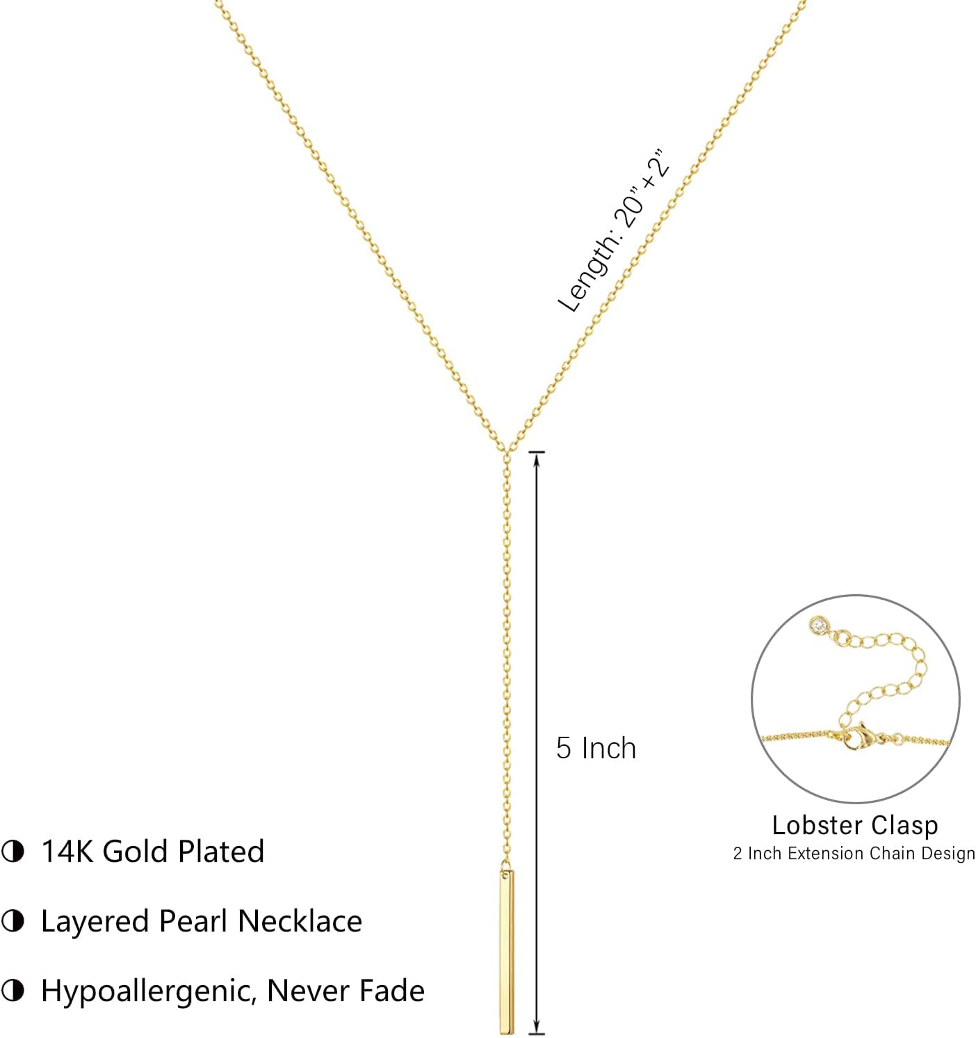Luxval Lariat Gold Necklace for Women, Dainty Long Necklace 14k Gold Plated/Silver Y-Shaped Pendant Necklaces Trendy Beaded Chain Drop Necklaces Jewelry for Women Gifts