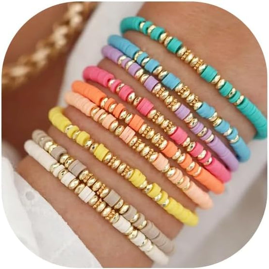Friendship Bracelets Boho Stackable Bracelets for Women Surfer Heishi Clay Bead Bracelets Stretch Preppy Bracelets Colorful Boho Bracelets for Women