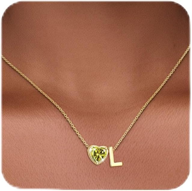 Heart Birthstone Initial Necklace for Women Girls,14K Gold Plated Heart Letter A-Z Necklace Dainty Birthday Trendy Jewelry Gifts for Women Girls Daughter