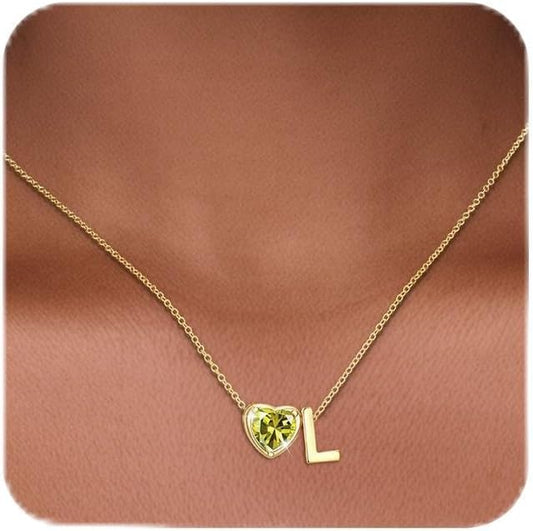 Heart Birthstone Initial Necklace for Women Girls,14K Gold Plated Heart Letter A-Z Necklace Dainty Birthday Trendy Jewelry Gifts for Women Girls Daughter