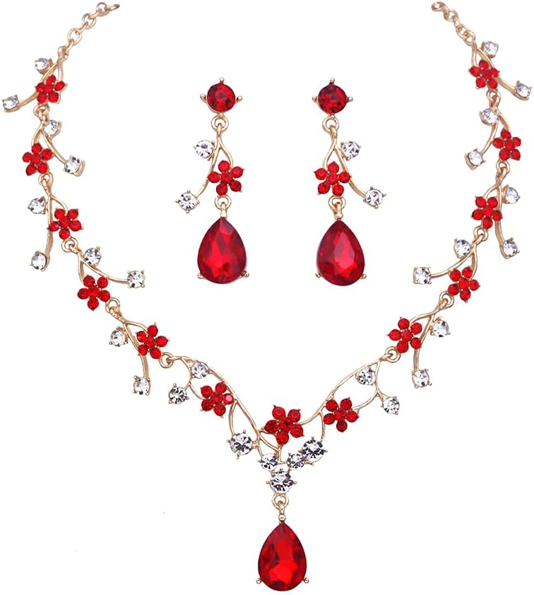 Jewelry Sets for Women Wedding Flower Necklace and Dangle Earrings Gold-Plated Rhinestones Teardrop Pendants Necklace Set for Bridal Party Accessories