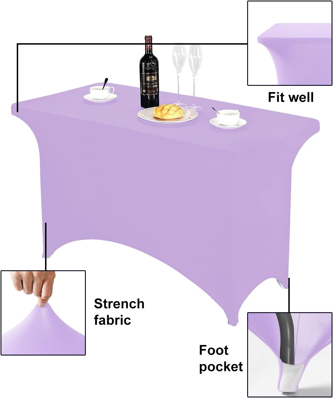 FORLIFE Spandex Table Covers，Fitted Tablecloth for Rectangular Tables, Stretch Patio Table Covers, Universal Spandex Table Cover for Wedding, Banquet, Party (4ft, Lavender)