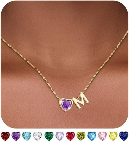 Heart Birthstone Initial Necklace for Women Girls,14K Gold Plated Heart Letter A-Z Necklace Dainty Birthday Trendy Jewelry Gifts for Women Girls Daughter