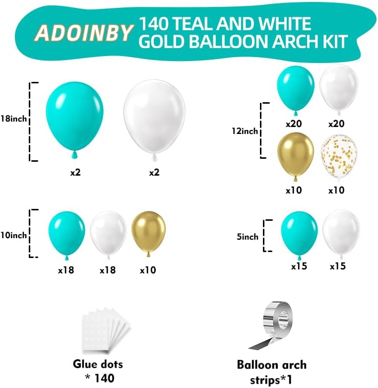 Teal Balloon Arch Kit, ADOINBY 140Pcs Turquoise Teal White Metallic Gold Confetti Latex Balloons 18 12 10 5 Inch Different Size Balloons for Birthday Anniversary Baby Shower Wedding Party Decorations