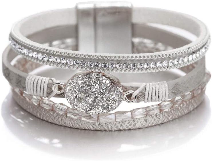 Fesciory Leopard Bracelet for Women, Boho Leather Wrap Multi-Layer Pearl Crystal Bracelet Bangle Jewelry