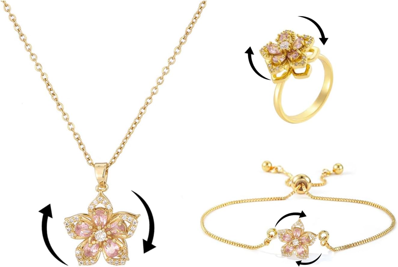 Necklace for Women Gold Flower Fidget Necklace Rotatable Crystal Silver Blossom Pendant Necklaces Adjustable Spinning Fidget Necklaces Redbud Flower Choker Funny Gift Jewelry
