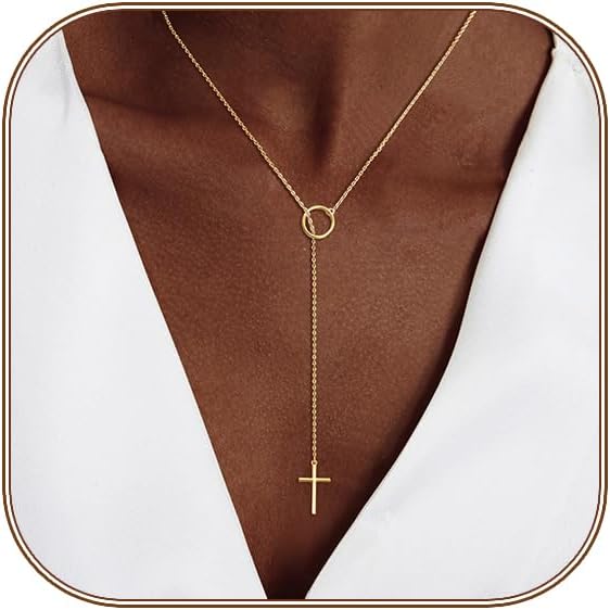 Lariat Gold Necklace for Women, Dainty Long Necklace 14k Gold Plated/Silver Y-Shaped Layered Beaded Chain Drop Necklaces for Women Trendy Simple Gold Jewelry for Women Gifts