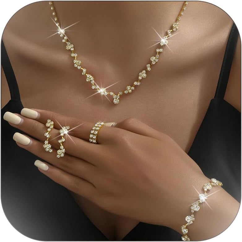 Wedding Jewelry Sets for Brides Rhinestone Necklace and Earring Set Bracelet Ring Gold Silver Prom Jewelry Sets Diamond Flower Teardrop Necklace for Women