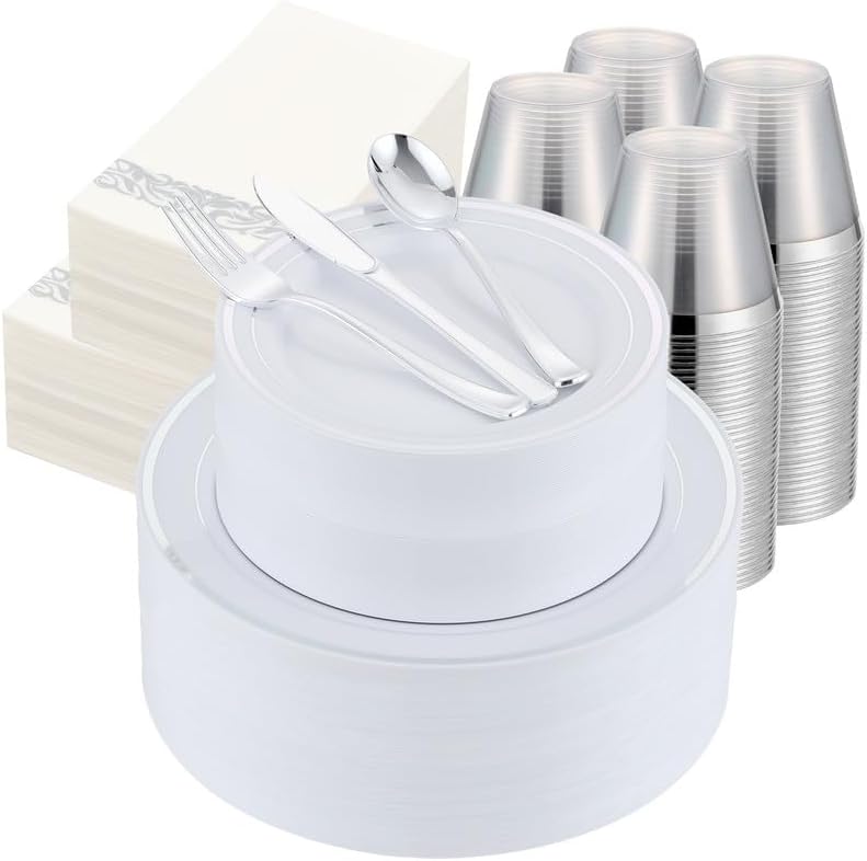 700 PCS Silver Plastic Dinnerware for 100 Guests, Silver Disposable Plate for Party Wedding with 100 Dinner Plates, 100 Dessert Plates, 100 Silverware Set, 100 Cups, 100 Napkins