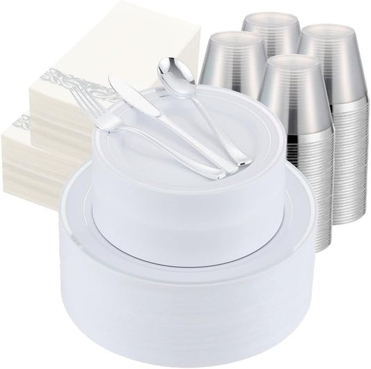 700 PCS Silver Plastic Dinnerware for 100 Guests, Silver Disposable Plate for Party Wedding with 100 Dinner Plates, 100 Dessert Plates, 100 Silverware Set, 100 Cups, 100 Napkins