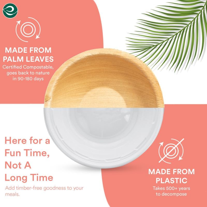 ECO SOUL 100% Compostable, Biodegradable, Disposable Palm Leaf Bowls, Like Bamboo Bowls, Eco-friendly | Sturdy, Microwave & Oven Safe (50, Large 6" (16 Oz) | Round)