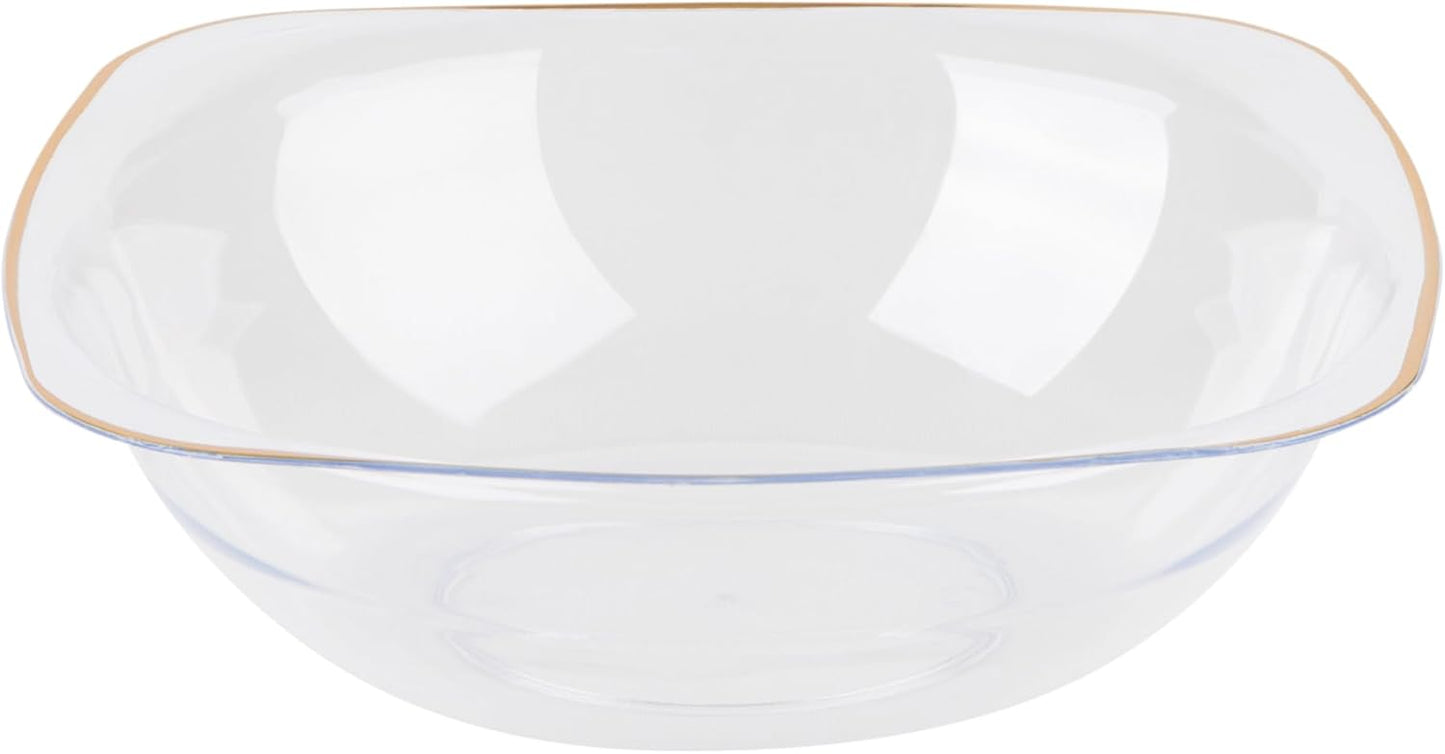 PLASTICPRO Clear Plastic Organic Party Square Soup bowls Clear With Gold Rim Elegant Disposable Tableware Dishes 16 OZ 32 Count