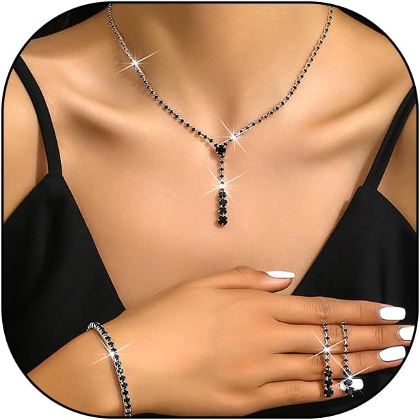 GIGB PBDK Dainty Silver Jewelry Set Crystal Rhinestone Pendant Necklace Bracelet Earrings Trendy Bridal Wedding Prom Dresses Costume Jewelry Sets for Women Wife