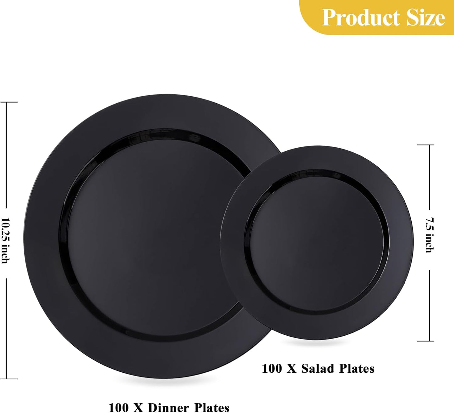 Goodluck 200PCS Black Plastic Plates, Heavy Duty Disposable Gold Plates with 100 10.25 inch Dinner Plates and 100 7.5 inch Dessert Plates for Party, Holiday, Wedding, Thanksgiving