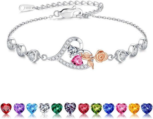 Iefil Christmas Gifts for Women - Birthstone Bracelet for Women, 925 Sterling Silver Rose Heart Charm Bracelets, Anniversary Birthday Gifts for Women Wife Mom Daughter, 6"+2"