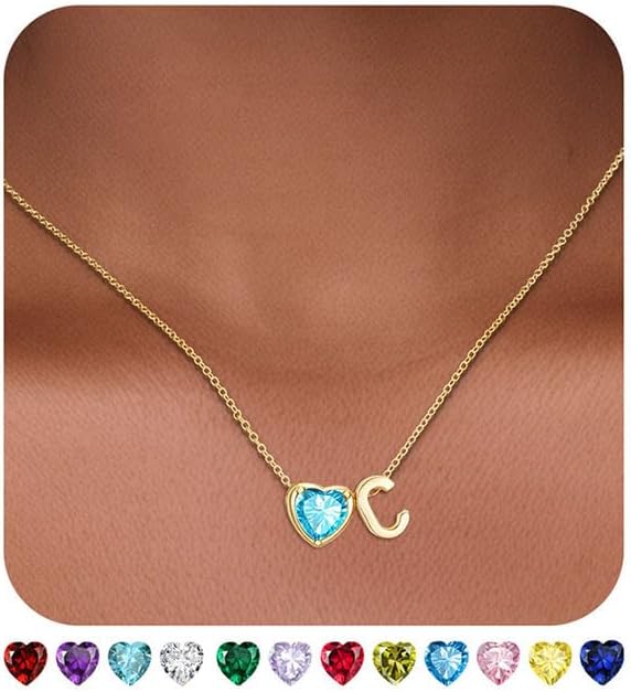 Heart Birthstone Initial Necklace for Women Girls,14K Gold Plated Heart Letter A-Z Necklace Dainty Birthday Trendy Jewelry Gifts for Women Girls Daughter