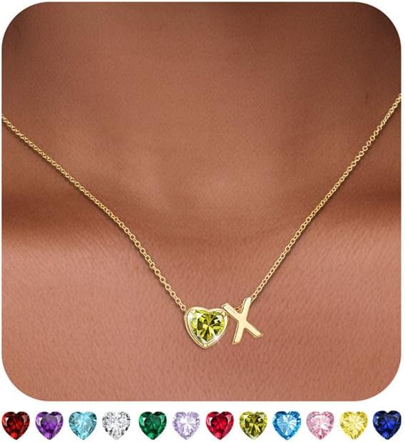 Heart Birthstone Initial Necklace for Women Girls,14K Gold Plated Heart Letter A-Z Necklace Dainty Birthday Trendy Jewelry Gifts for Women Girls Daughter