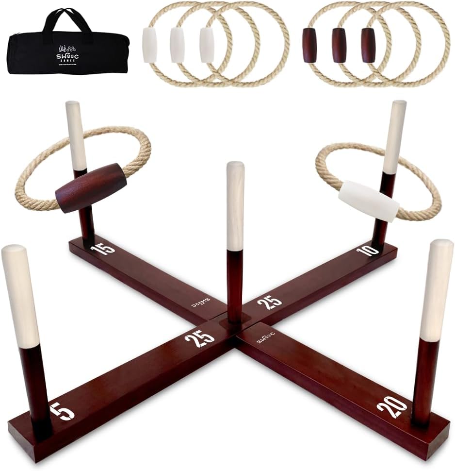 SWOOC Games - Rustic Ring Toss Game (All Weather) - Easy Setup & Extra Games Included - Ring Toss Game for Adults - Outdoor Acitivities for Adults - Yard Toys for Kids - Backyard Fun - Outdoor Party