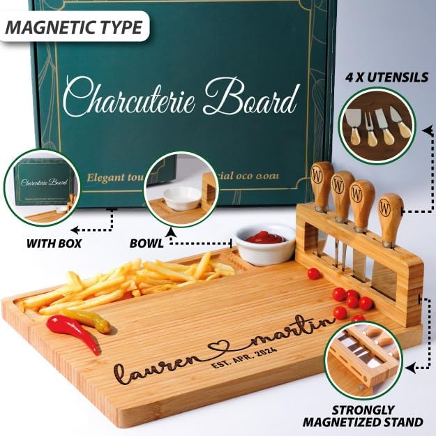 Personalized Charcuterie Board Gifts for Couples – Christmas Custom Large Cheese Board with Knife & Utensil Set for Wedding, Anniversary, Birthday, Housewarming, Engagement, Party, New Home