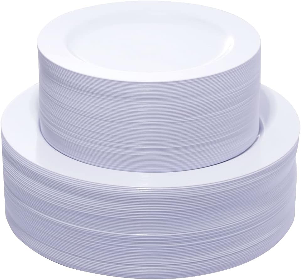 KIRE 120PCS White Plastic Plates - Heavy Duty White Disposable Plates for Party/Wedding - Include 60Pieces 10.25inch White Dinner Plates - 60Pieces 7.5inch White Dessert/Salad Plates