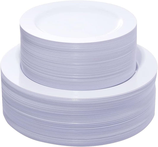 KIRE 120PCS White Plastic Plates - Heavy Duty White Disposable Plates for Party/Wedding - Include 60Pieces 10.25inch White Dinner Plates - 60Pieces 7.5inch White Dessert/Salad Plates