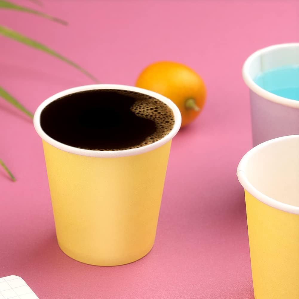 3 oz Paper Cups, 60 Pack Mouthwash Cups Bathroom Paper Cups Espresso Small Cups for Snack Bathroom Espresso, Perfect for Home Condos Rvs Campers (Purple, Pink, Yellow)