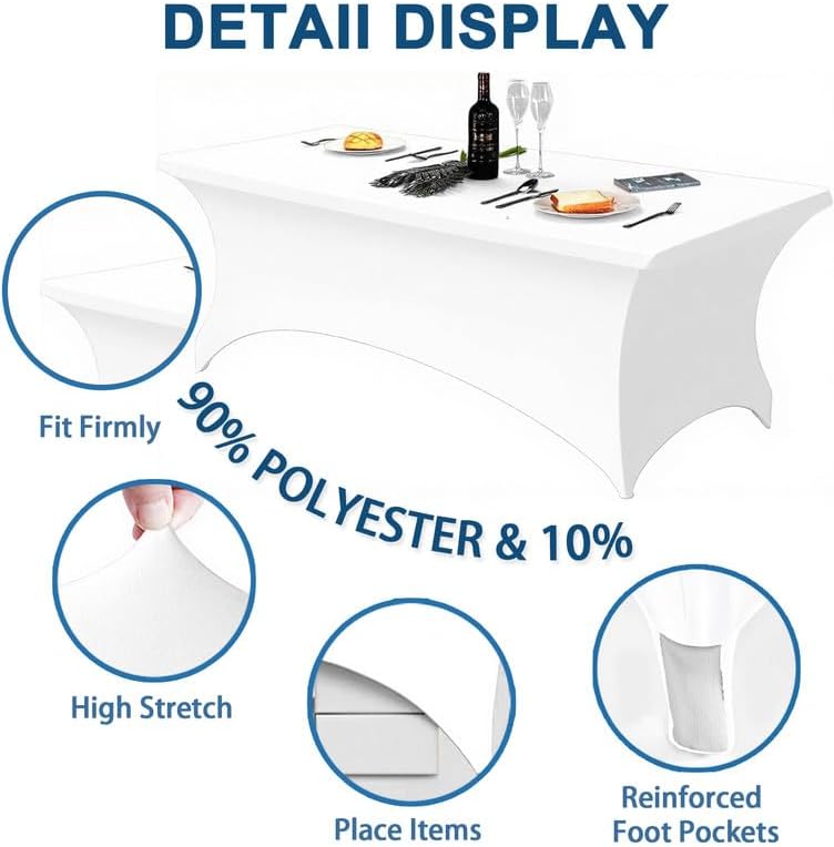 2 Pack 8FT Rectangular Spandex Tablecloth,Wrinkle Resistant Fitted Cover for 96x30 inch Banquet Table Cloth, Washable Stretch Fabric for Party, Events, Wedding, Vendor - White