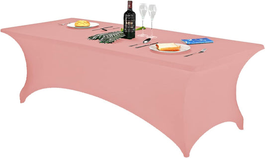 FORLIFE Spandex Table Cover - Fitted 8ft Rectangular Tablecloth, Stretch Patio Cover, Universal for Wedding, Banquet, Party - Dusty Pink