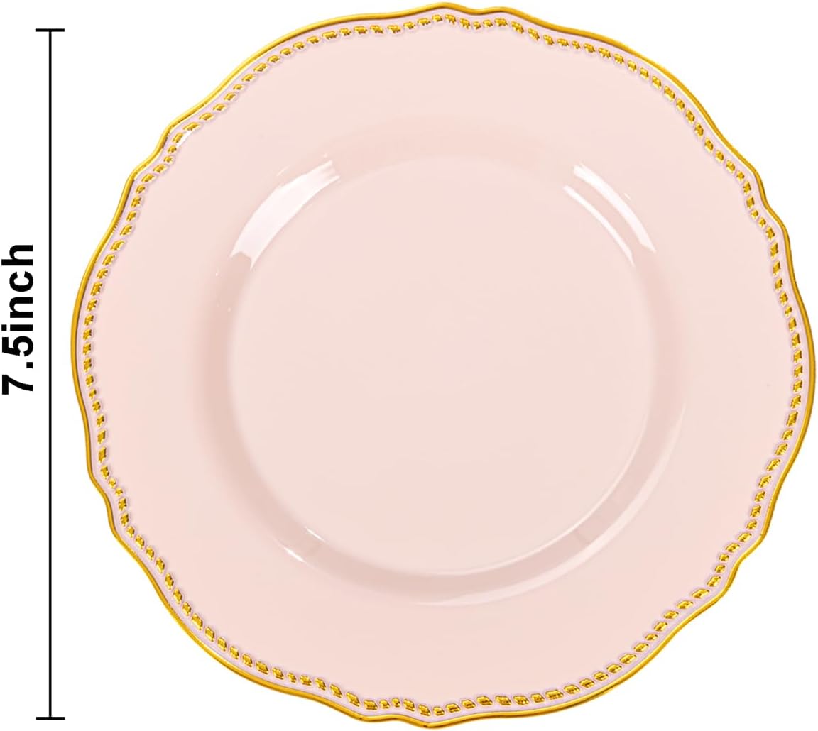 Hioasis 60pcs Pink Plastic Plates - Pink and Gold Disposable Dinnerware with Gold Rim, Heavy-duty, 7.5 inch, Dessert Plates for Party & Wedding